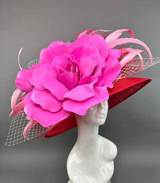 RED ROUND BRIM WITH CANDY PINK BLOOM FLOWER