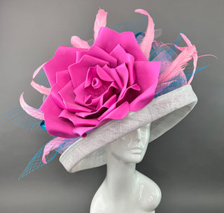 CANDY PINK ROSE ON WHITE BRIM HAT