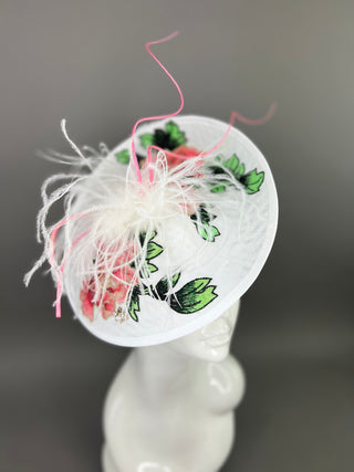 WHITE FASCINATOR WITH BLUSH PINK ROSE EMBROIDERY