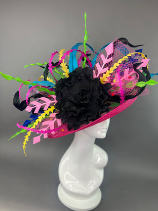 PINK FLIPPED BRIM HAT WITH NEON FEATHERS