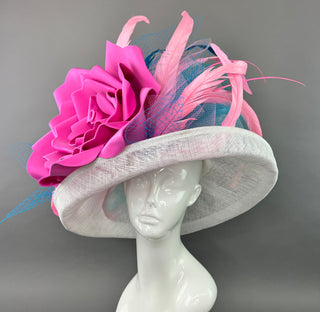 CANDY PINK ROSE ON WHITE BRIM HAT