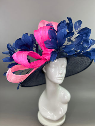PINK SILK ABACA BOW AND NAVY BLUE DERBY HAT