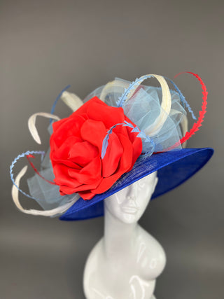 BLUE ROUND BRIM WITH RED ROSE