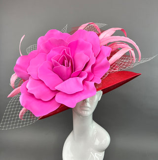 RED ROUND BRIM WITH CANDY PINK BLOOM FLOWER