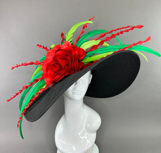 BLACK FLOPPY HAT WITH RED ROSE