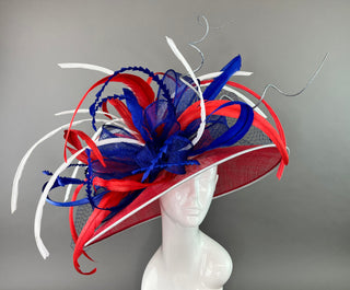 RED, WHITE AND BLUE WIDE BRIM DERBY HAT WITH SILVER TRIM