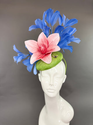 COUNTRY BLUE AND GREEN FASCINATOR WITH PINK BLOOM