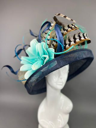 NAVY BLUE FLIPPED BRIM HAT WITH TURQUOISE FLOWER