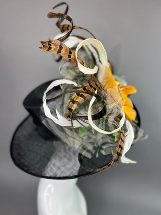 BLACK FLIPPED BRIM HAT WITH GOLD FLOWER AND PHEASANT FEATHERS