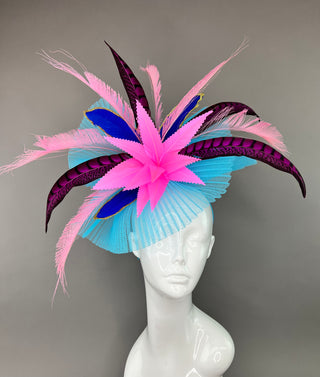 TURQUOISE FASCINATOR WITH SHADES OF PINK