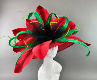 RED FLORAL ROUND BRIM WITH GREEN ACCENTS