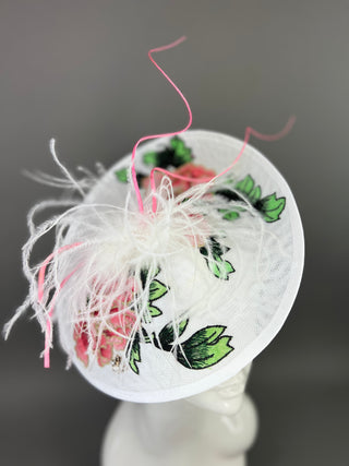 WHITE FASCINATOR WITH BLUSH PINK ROSE EMBROIDERY