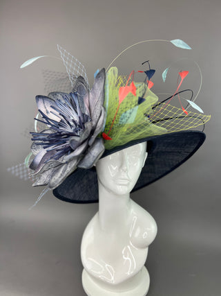 NAVY BLUE ROUND BRIM HAT WITH GREEN AND CORAL ACCENTS