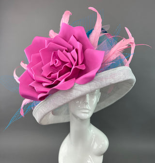 CANDY PINK ROSE ON WHITE BRIM HAT