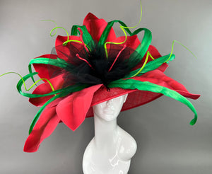 RED FLORAL ROUND BRIM WITH GREEN ACCENTS