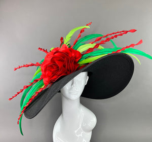 BLACK FLOPPY HAT WITH RED ROSE