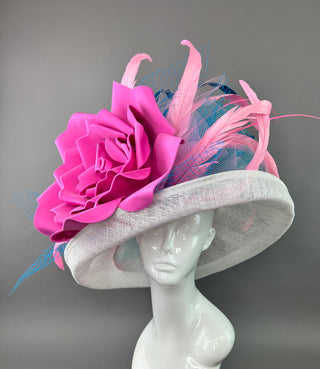 CANDY PINK ROSE ON WHITE BRIM HAT