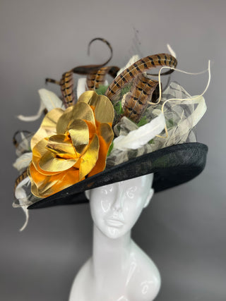 BLACK FLIPPED BRIM HAT WITH GOLD FLOWER AND PHEASANT FEATHERS