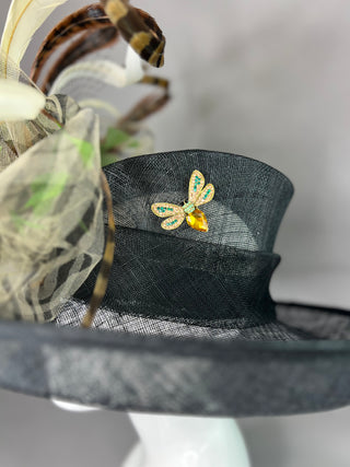 BLACK FLIPPED BRIM HAT WITH GOLD FLOWER AND PHEASANT FEATHERS