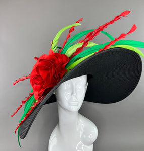 BLACK FLOPPY HAT WITH RED ROSE