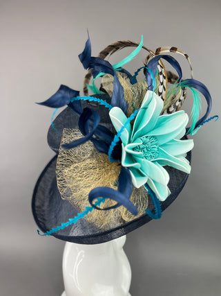 NAVY BLUE FLIPPED BRIM HAT WITH TURQUOISE FLOWER