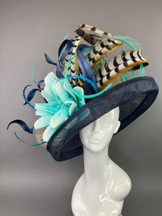 NAVY BLUE FLIPPED BRIM HAT WITH TURQUOISE FLOWER