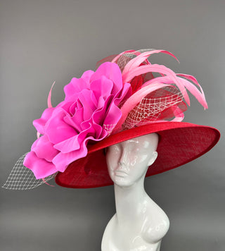 RED ROUND BRIM WITH CANDY PINK BLOOM FLOWER