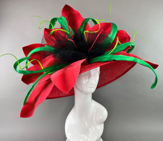 RED FLORAL ROUND BRIM WITH GREEN ACCENTS