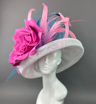 CANDY PINK ROSE ON WHITE BRIM HAT