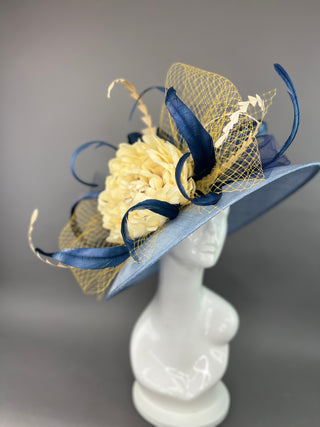 COUNTRY BLUE ROUND BRIM HAT WITH CREAM FLOWER BLOOM