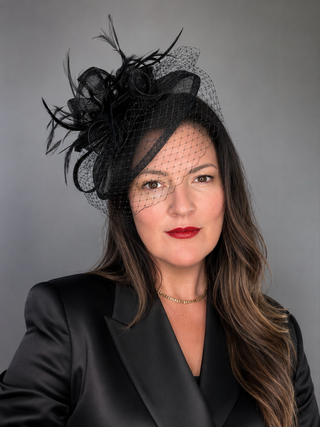 BLACK FASCINATOR WITH VEIL ON HEADBAND