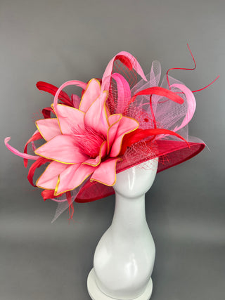 RED ROUND BRIM HAT WITH PINK FLOWER