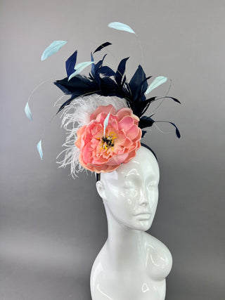 LIGHT CORAL PINK BLOOM WITH NAVY FEATHERS