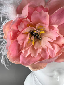LIGHT CORAL PINK BLOOM WITH NAVY FEATHERS
