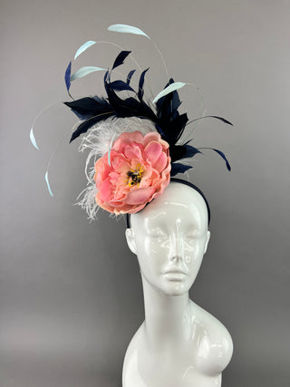 LIGHT CORAL PINK BLOOM WITH NAVY FEATHERS