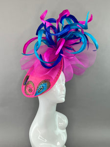 FUCHSIA PINK FASCINATOR WITH SEQUIN PEACOCK ACCENTS