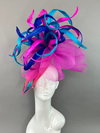 FUCHSIA PINK FASCINATOR WITH SEQUIN PEACOCK ACCENTS