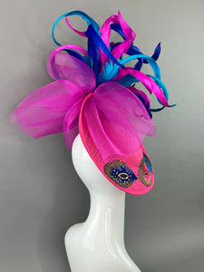 FUCHSIA PINK FASCINATOR WITH SEQUIN PEACOCK ACCENTS