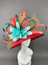 Load image into Gallery viewer, RED ROUND BRIM DERBY HAT WITH TURQUOISE FLOWER