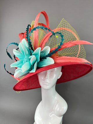 RED ROUND BRIM DERBY HAT WITH TURQUOISE FLOWER