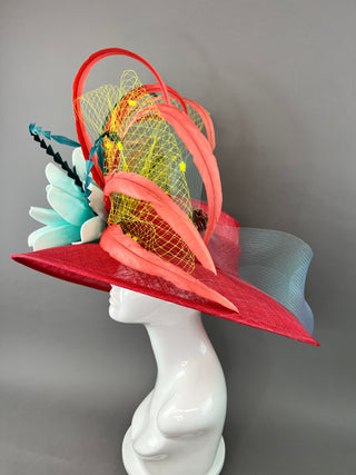 RED ROUND BRIM DERBY HAT WITH TURQUOISE FLOWER