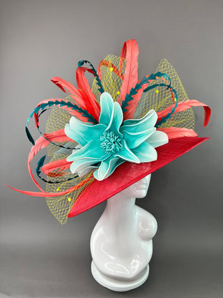 RED ROUND BRIM DERBY HAT WITH TURQUOISE FLOWER