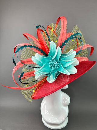 RED ROUND BRIM DERBY HAT WITH TURQUOISE FLOWER