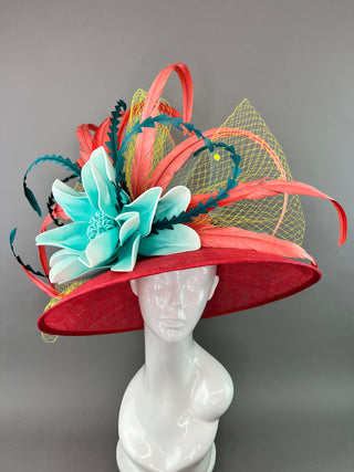 RED ROUND BRIM DERBY HAT WITH TURQUOISE FLOWER