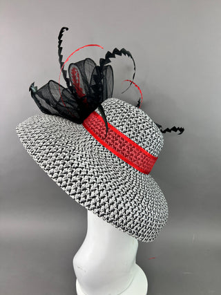 BLACK AND WHITE ROUND BRIM WITH RED ACCENTS