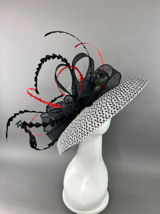 BLACK AND WHITE ROUND BRIM WITH RED ACCENTS