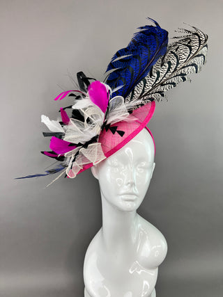 FUCHSIA PINK FASCINATOR WITH ROYAL BLUE / BLACK AND WHITE LADY AMHERST FEATHERS