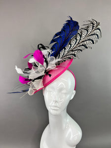 FUCHSIA PINK FASCINATOR WITH ROYAL BLUE / BLACK AND WHITE LADY AMHERST FEATHERS