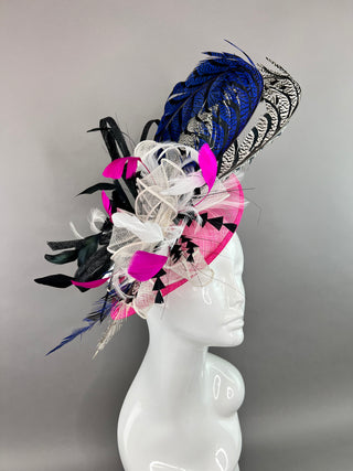 FUCHSIA PINK FASCINATOR WITH ROYAL BLUE / BLACK AND WHITE LADY AMHERST FEATHERS