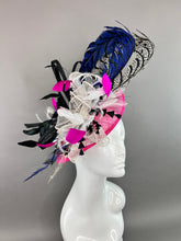 Load image into Gallery viewer, FUCHSIA PINK FASCINATOR WITH ROYAL BLUE / BLACK AND WHITE LADY AMHERST FEATHERS